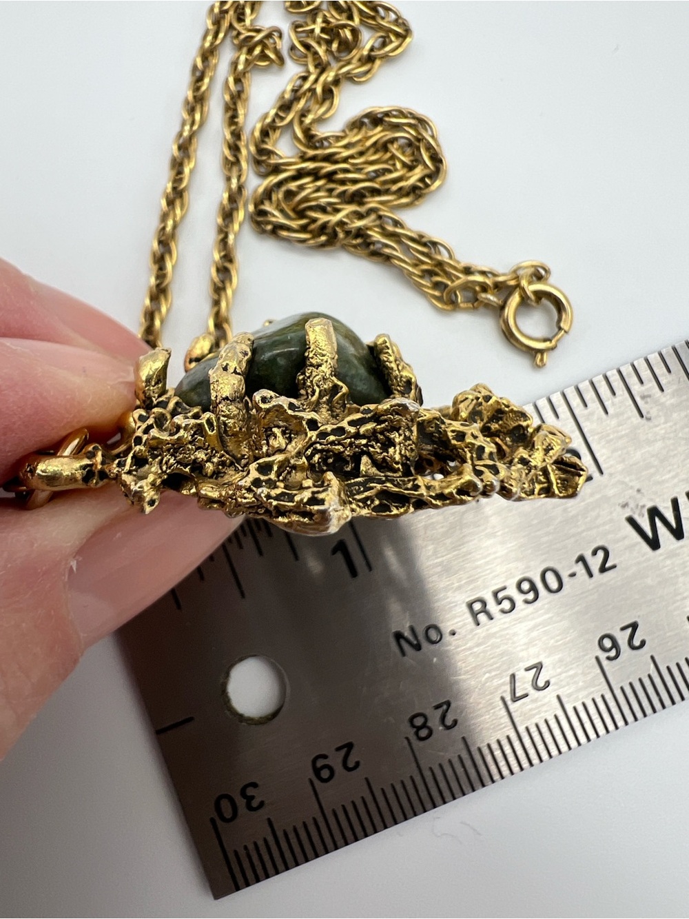 VTG Brutalist Moss Agate Pendant • Gold Tone • Organic Statement - Picture 8 of 10